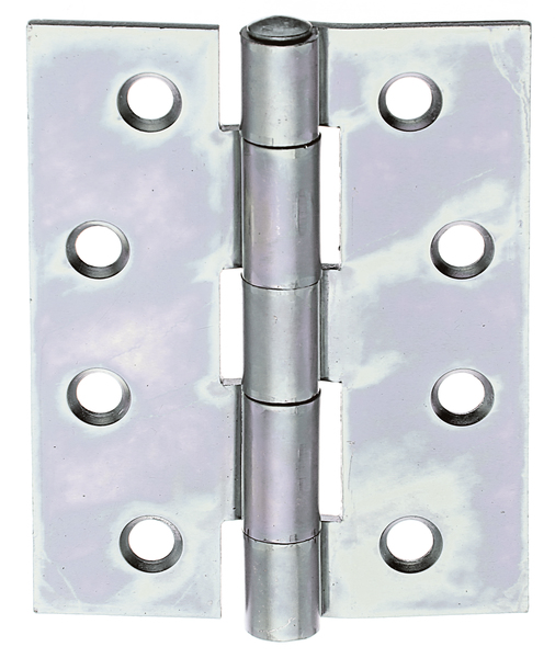 Hinge, medium, with riveted stainless steel pin, with countersunk screw holes, Material: raw steel, Surface: sendzimir galvanised, Length: 100 mm, Width: 75 mm, Type: rolled, Material thickness: 2.50 mm, No. of holes: 8, Hole: Ø7 mm