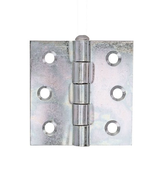 Hinge, squared, with loose stainless steel pin, with countersunk screw holes, Material: raw steel, Surface: sendzimir galvanised, Length: 63 mm, Width: 63 mm, Type: rolled, Material thickness: 2.00 mm, No. of holes: 6, Hole: Ø5.8 mm