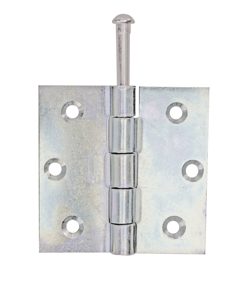 Hinge, squared, with loose stainless steel pin, with countersunk screw holes, Material: raw steel, Surface: sendzimir galvanised, Length: 76 mm, Width: 76 mm, Type: rolled, Material thickness: 2.00 mm, No. of holes: 6, Hole: Ø5.8 mm