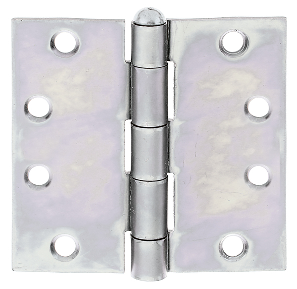 Scharnier, quadratisch, mit versenkten Schraublöchern, Material: Stahl roh, Oberfläche: sendzimirverzinkt, mit vernietetem Edelstahlstift, Länge: 100 mm, Breite: 102 mm, Ausführung: gerollt, Materialstärke: 2,50 mm, Anzahl Löcher: 8, Loch: Ø5,8 mm