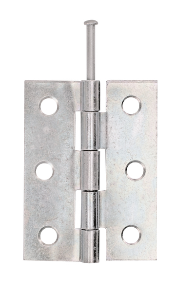 Hinge, medium, with loose stainless steel pin, with countersunk screw holes, Material: raw steel, Surface: sendzimir galvanised, Length: 63 mm, Width: 45 mm, Type: rolled, Material thickness: 1.50 mm, No. of holes: 6, Hole: Ø5.3 mm