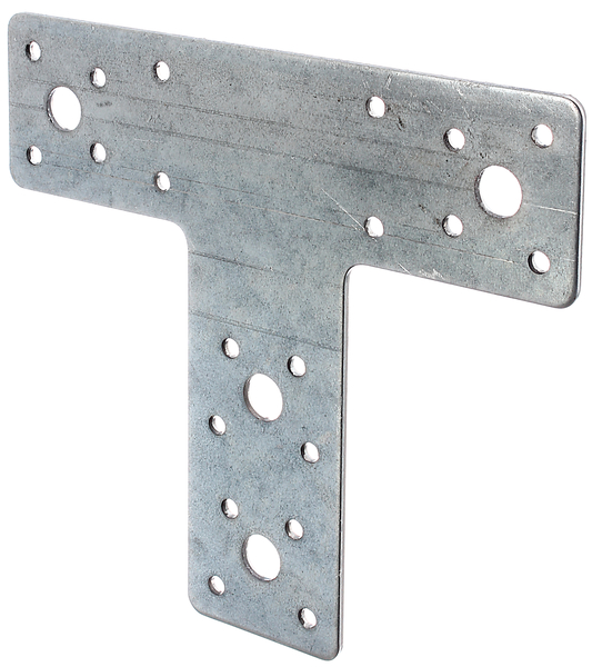 Pletina de ensamblaje de forma T, Material: Acero crudo, Superficie: acero galvanizado Sendzimir, Longitud: 160 mm, Altura: 142 mm, Anchura: 45 mm, Espesura del material: 2,50 mm, Número de agujeros: 4 / 20, Perforación: Ø11 / Ø5 mm, CutCase