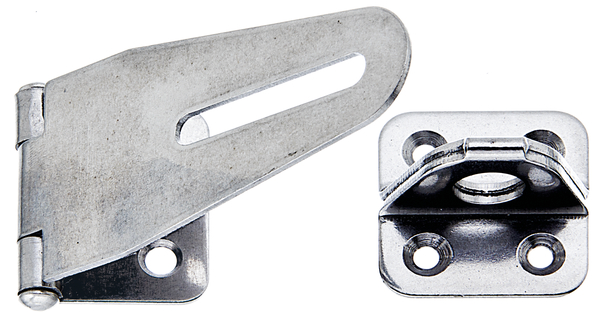 Security closing hasp, with blind screw holes, with countersunk screw holes, Material: stainless steel, Length of top latch: 83 mm, Width: 37 mm, Length of screw-on plate: 30 mm, Distance centre of slot - centre pin: 56 mm, Length of eye plate: 35 mm, Material thickness: 1.50 mm, No. of holes: 1 / 2 / 4, Hole: 5.5 x 38 / Ø5 / Ø4 mm