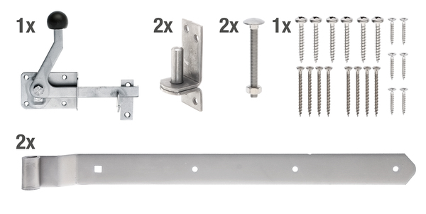 Garden gate fitting set for lattice fence single gates, with countersunk screw holes, Material: stainless steel