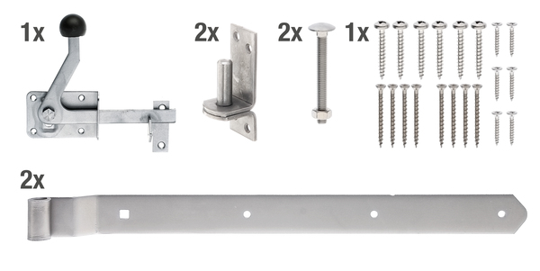 Set ferramenta per cancelli a un battente con listelli incrociati, con fori per viti incassate, Materiale: acciaio inox