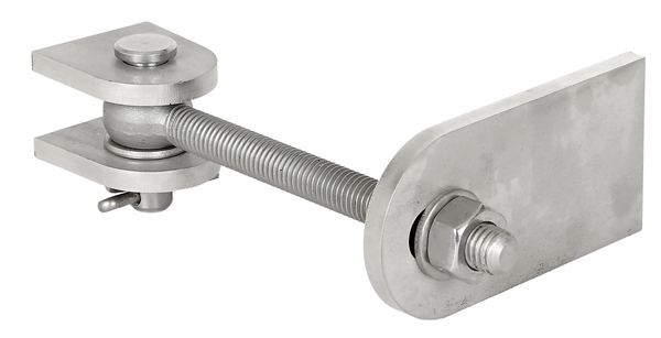 Gate hinge for 180° opening, adjustable, Material: stainless steel, V2A / AISI 1.4301, Length: 100 mm, Width: 130 mm, Height: 45 mm, Thread: M12, Specialised trade container