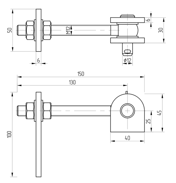 Gate hinge for 180° opening, adjustable, Material: stainless steel, V2A / AISI 1.4301, Length: 100 mm, Width: 130 mm, Height: 45 mm, Thread: M12, Specialised trade container