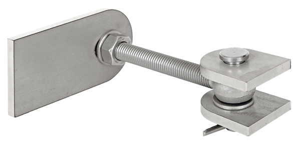Gate hinge for 180° opening, adjustable, Material: stainless steel, V2A / AISI 1.4301, Length: 100 mm, Width: 130 mm, Height: 45 mm, Thread: M12, Specialised trade container