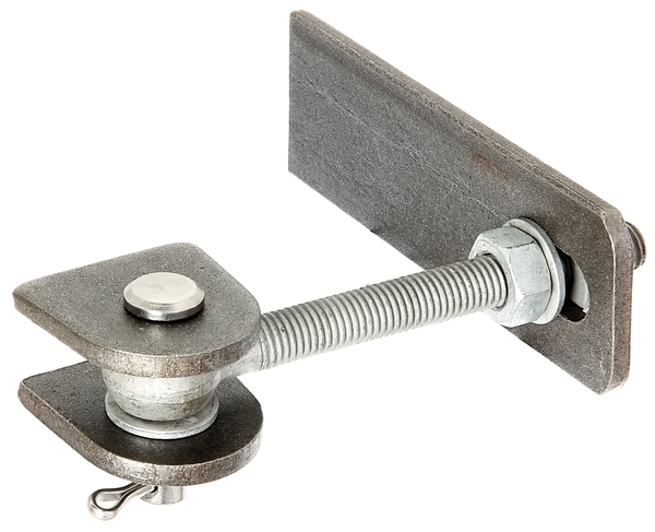 Gate hinge for 180° opening, long version, Material: weld-on parts: raw steel, bolt and splint: stainless steel, Surface: screws and nuts: hot-dip galvanised, Length of weld-on strip: 135 mm, Distance weld-on plates: 19 mm, Width of weld-on plate: 44 mm, Length of eye bolt: 120 mm, Distance centre pin - end of weld-on plate: 25 mm, Height of weld-on part: 45 mm, Thread: M12