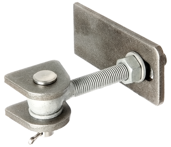 Gate hinge for 180° opening, long version, Material: weld-on parts: raw steel, bolt and splint: stainless steel, Surface: screws and nuts: hot-dip galvanised, Length of weld-on strip: 146 mm, Distance weld-on plates: 23 mm, Width of weld-on plate: 55 mm, Length of eye bolt: 130 mm, Distance centre pin - end of weld-on plate: 28 mm, Height of weld-on part: 50 mm, Thread: M16