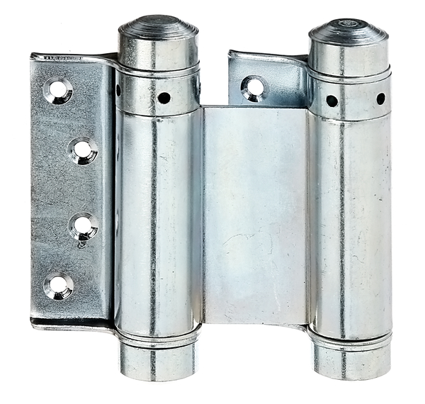 Swinging door hinge, with countersunk screw holes, Material: raw steel, Surface: blue galvanised, Contents per PU: 1 Piece, Height: 76 mm, Distance centre - centre of spring mounting: 52 mm, Width: 29 mm, Distance from wall: 34 mm, No. of holes: 8, Hole: Ø4.3 mm, Retail packaged