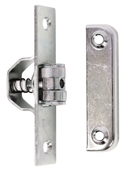 Roller snap lock for swinging gates, with countersunk screw holes, Material: raw steel, Surface: galvanised, thick-film passivated, Contents per PU: 1 Piece, Plate: 18 x 90 mm, No. of holes: 2 / 4, Hole: Ø6 / Ø4.8 mm, Retail packaged