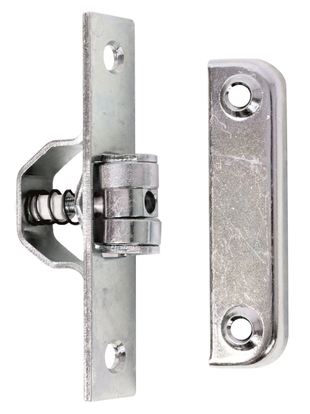 Chiusura a scatto per porte basculanti, con fori per viti incassate, Materiale: acciaio grezzo, superficie: galvanizzata, passivata a strato spesso, Contenuto per U.I.: 1 Pz., Piastra: 18 x 90 mm, Numero di fori: 2 / 4, Foro: Ø6 / Ø4,8 mm, Con imballo self-service