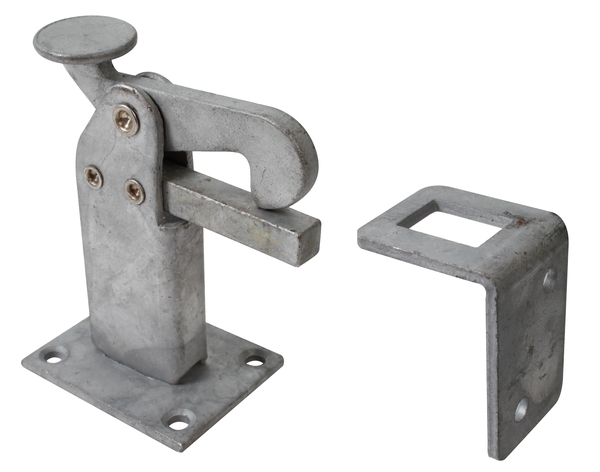 Gate stop for fixing on the ground, with countersunk screw holes, Material: raw steel, Surface: hot-dip galvanised, for screwing on, Height: 95 mm, Plate length: 65 mm, Plate width: 50 mm, No. of holes: 4 / 2, Hole: Ø6 / Ø5.5 mm