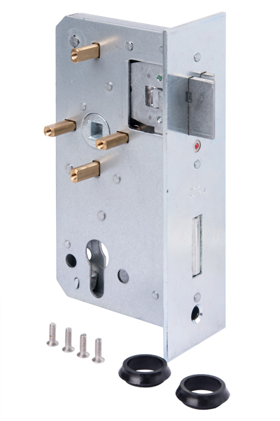 Replacement lock, with countersunk screw holes, backset 65 mm, Material: raw steel, Surface: galvanised, Height: 164 mm, Depth: 98 mm, Size back set: 65 mm, Distance: 72 mm, Strike plate width: 53 mm, Strike plate height: 180.2 mm, For lock casing: 60 mm