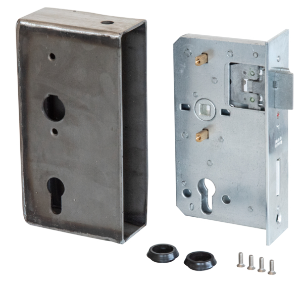 Lock case with galvanised lock, with countersunk screw holes, backset 65 mm, Material: case: raw steel, lock: raw steel, Surface: lock: galvanised, Height: 190 mm, Width: 100 mm, Size back set: 65 mm, Distance: 72 mm, Width: 60 mm, Strike plate width: 53 mm, Strike plate height: 180.2 mm, Socket: 8 x 8 mm