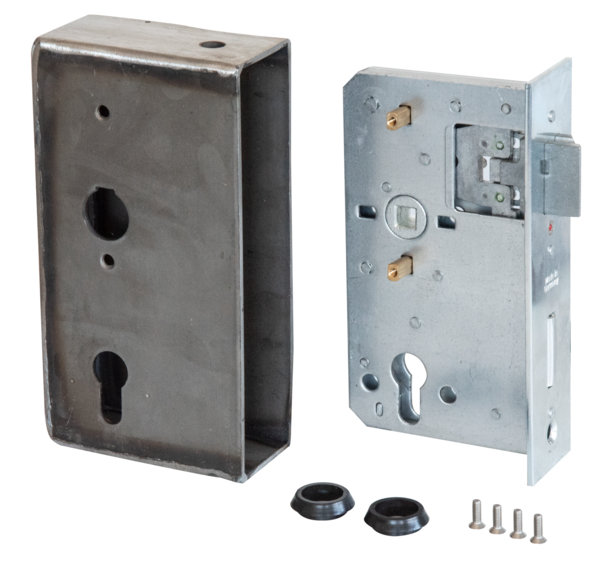 Lock case with galvanised lock, with countersunk screw holes, backset 65 mm, Material: case: raw steel, lock: raw steel, Surface: lock: galvanised, Height: 190 mm, Width: 100 mm, Size back set: 65 mm, Distance: 72 mm, Wide strike plate holder: 50 mm, Strike plate width: 43 mm, Strike plate height: 180.2 mm, Socket: 8 x 8 mm