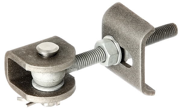 Gond réglable avec largeur variable pour ouverture de 180°, Matériau: Pièces à souder : Acier brut, boulons et goupille : Acier inoxydable, Finition: vis et écrous : galvanisés à chaud, Longueur patte à souder: 50 mm, Largeur d&apos;ouverture pièce en U: 20 mm, Largeur pièce en U: 45 mm, Longueur boulon à œillet: 120 mm, Distance milieu boulon - fin pièce en U: 25 mm, Hauteur pièce en U: 45 mm, Filetage: M12