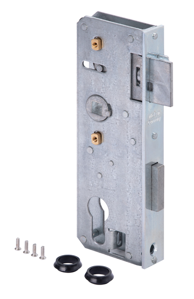 Replacement lock, with countersunk screw holes, backset 40 mm, Material: raw steel, Surface: galvanised, Height: 166 mm, Depth: 54 mm, Size back set: 40 mm, Distance: 72 mm, Strike plate width: 24 mm, Strike plate height: 166 mm, For lock casing: 30 mm