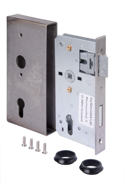 Lock case with galvanised lock, with countersunk screw holes, backset 55 mm, Material: case: raw steel, lock: raw steel, Surface: lock: galvanised, Height: 185 mm, Width: 90 mm, Size back set: 55 mm, Distance: 72 mm, Width: 30 mm, Strike plate width: 24 mm, Strike plate height: 180 mm, Socket: 8 x 8 mm