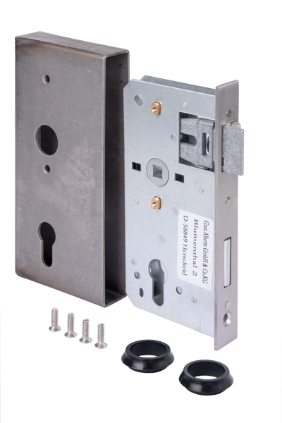 Lock case with galvanised lock, with countersunk screw holes, backset 55 mm, Material: case: raw steel, lock: raw steel, Surface: lock: galvanised, Height: 185 mm, Width: 90 mm, Size back set: 55 mm, Distance: 72 mm, Wide strike plate holder: 30 mm, Strike plate width: 24 mm, Strike plate height: 180 mm, Socket: 8 x 8 mm