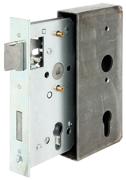 Lock case with galvanised lock, with countersunk screw holes, backset 55 mm, Material: case: raw steel, lock: raw steel, Surface: lock: galvanised, Height: 185 mm, Width: 90 mm, Size back set: 55 mm, Distance: 72 mm, Width: 34 mm, Strike plate width: 28.5 mm, Strike plate height: 180 mm, Socket: 8 x 8 mm