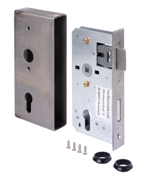 Lock case with galvanised lock, with countersunk screw holes, backset 55 mm, Material: case: raw steel, lock: raw steel, Surface: lock: galvanised, Height: 185 mm, Width: 90 mm, Size back set: 55 mm, Distance: 72 mm, Wide strike plate holder: 34 mm, Strike plate width: 28.5 mm, Strike plate height: 180 mm, Socket: 8 x 8 mm