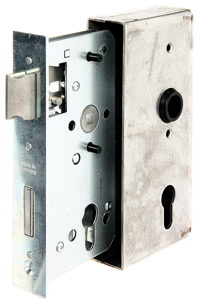 Lock case with galvanised lock, with countersunk screw holes, backset 55 mm, Material: case: raw steel, lock: raw steel, Surface: lock: galvanised, Height: 185 mm, Width: 90 mm, Size back set: 55 mm, Distance: 72 mm, Width: 40 mm, Strike plate width: 33 mm, Strike plate height: 180 mm, Socket: 8 x 8 mm