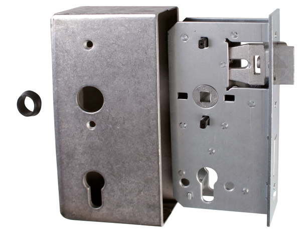 Lock case with galvanised lock, with countersunk screw holes, backset 55 mm, Material: case: raw steel, lock: raw steel, Surface: lock: galvanised, Height: 185 mm, Width: 90 mm, Size back set: 55 mm, Distance: 72 mm, Wide strike plate holder: 30 mm, Strike plate width: 24 mm, Strike plate height: 180 mm, Socket: 8.8 x 8.8 mm