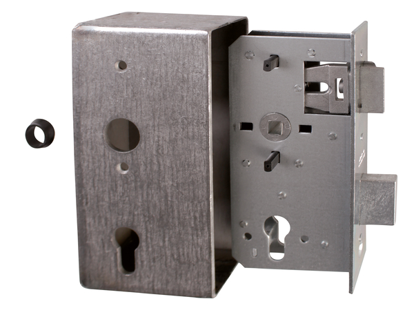 Lock case with galvanised lock, with countersunk screw holes, backset 55 mm, Material: case: raw steel, lock: raw steel, Surface: lock: galvanised, Height: 185 mm, Width: 90 mm, Size back set: 55 mm, Distance: 72 mm, Wide strike plate holder: 40 mm, Strike plate width: 33 mm, Strike plate height: 180 mm, Socket: 8.8 x 8.8 mm