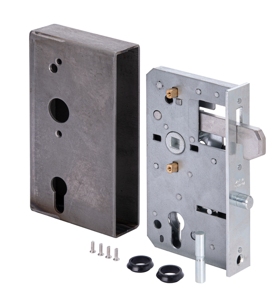 Lock case with galvanised lock for sliding gates, with hook latch, backset 60 mm, with countersunk screw holes, Material: case: raw steel, lock: raw steel, Surface: lock: galvanised, Height: 173 mm, Width: 95 mm, Size back set: 60 mm, Distance: 72 mm, Wide strike plate holder: 40 mm, Strike plate width: 33 mm, Strike plate height: 167 mm, Socket: 8 x 8 mm