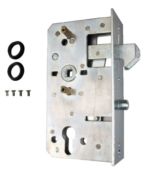 Replacement lock, with hook latch, backset 60 mm, with countersunk screw holes, Material: raw steel, Surface: galvanised, Height: 167 mm, Depth: 90 mm, Size back set: 60 mm, Distance: 72 mm, Strike plate width: 33 mm, Strike plate height: 167 mm, For lock casing: 60 mm, Socket: 8 x 8 mm