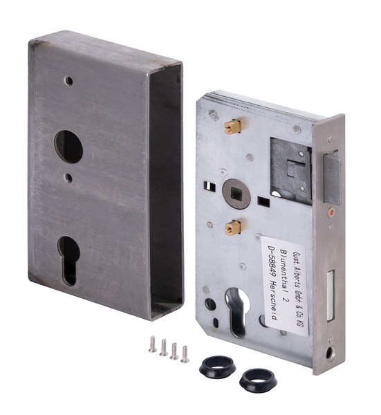 Lock case with galvanised lock, with countersunk screw holes, backset 60 mm, Material: case: raw steel, lock: raw steel, Surface: lock: galvanised, Height: 172 mm, Width: 94 mm, Size back set: 60 mm, Distance: 72 mm, Wide strike plate holder: 40 mm, Strike plate width: 33 mm, Strike plate height: 167 mm, Socket: 8 x 8 mm