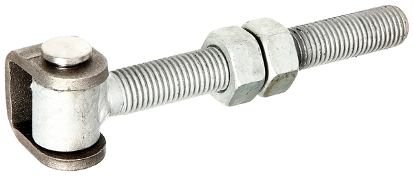 Torband mit U-Bügel zum Anschweißen und Gewinde zum Durchschrauben, für Pfosten bis Ø120 mm oder 120 x 120 mm, Material: U-Bügel: Stahl roh, Verbindungsbolzen und Sicherungsring: Edelstahl, Länge: 153 mm, Gewindelänge: 145 mm, Bügelhöhe: 42 mm, Bügelbreite: 30 mm, Rollen-Ø: 25 mm, Gewinde: M20