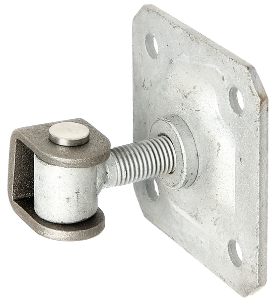 Gate hinge with U-bracket for welding and plate for screwing on, Material: U-clip: raw steel, connecting bolt and circlip: stainless steel, Surface: plate and eye screw: hot-dip galvanised, Width: 100 mm, Height: 100 mm, eye height: 37 mm, Clip width: 30 mm, can be adjusted by: 20 mm, Thread: M16, No. of holes: 4, Hole: Ø11 mm