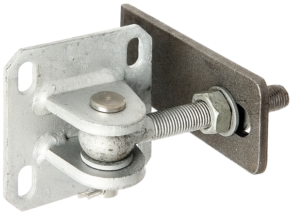 Gate hinge with plate for screwing on, adjustable in three levels, Material: weld-on plate: raw steel, Surface: plate, threaded bar, screws, nuts and washers: hot-dip galvanised, for welding on, Length: 146 mm, Height of weld-on part: 60 mm, Width of screw-on plate: 100 mm, Height of screw-on plate: 100 mm, Thread: M16, Material thickness of weld-on plate: 8.00 mm, No. of holes: 4, Hole: 20 x 11 mm