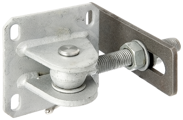 Gate hinge with plate for screwing on, adjustable in three levels, Material: weld-on plate: raw steel, Surface: plate, threaded bar, screws, nuts and washers: hot-dip galvanised, for welding on, Length: 170 mm, Height of weld-on part: 60 mm, Width of screw-on plate: 120 mm, Height of screw-on plate: 120 mm, Thread: M20, Material thickness of weld-on plate: 8.00 mm, No. of holes: 4, Hole: 20 x 11 mm