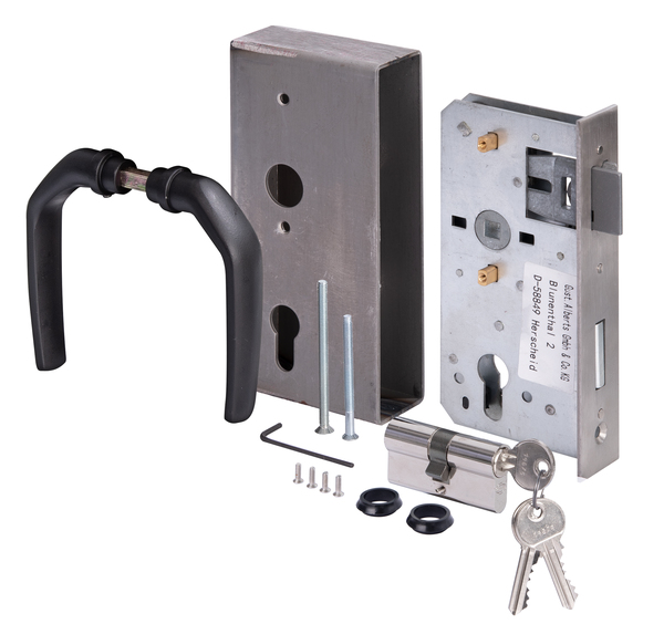 Lock case with galvanised lock, with countersunk screw holes, backset 55 mm, Material: case: raw steel, lock: raw steel, Surface: lock: galvanised, Height: 185 mm, Width: 90 mm, Size back set: 55 mm, Distance: 72 mm, Width: 40 mm, Strike plate width: 33 mm, Strike plate height: 180.8 mm