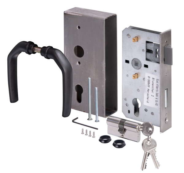 Lock case with galvanised lock, with countersunk screw holes, backset 55 mm, Material: case: raw steel, lock: raw steel, Surface: lock: galvanised, Height: 185 mm, Width: 90 mm, Size back set: 55 mm, Distance: 72 mm, Wide strike plate holder: 40 mm, Strike plate width: 33 mm, Strike plate height: 180.8 mm