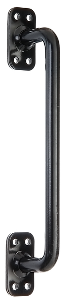 Gate handle, Material: steel, Surface: black powder-coated, Total length: 275 mm, Plate width: 32 mm, Plate height: 60 mm, Type: straight, Handle-Ø: 14 mm, No. of holes: 8, Hole: Ø6 mm