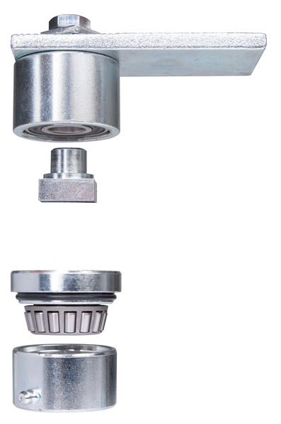 Pivot sur roulement conique, Matériau: Acier brut, Finition: zinguée, Longueur patte à souder: 115 mm, Hauteur de la pièce à souder: 8 mm, Hauteur: 40,5 mm, Diamètre du bloque à roulement bas et haut: 50 mm, Hauteur: 38 mm, Knauf: 25 x 25  mm