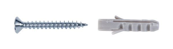 Screw and plug set, for the fixation of carpet profiles and stair nosings, Material: raw steel, Surface: galvanised, Contents per PU: 10 Piece, Length: 25 mm, Diameter: 3 mm, Retail packaged