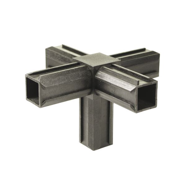 Unión para tubos XD, pieza en forma de cruz con una salida suplementaria a ángulo recto, Material: Poliamida 6, color: negro, Para tubo: 20 x 20 x 1,5 mm
