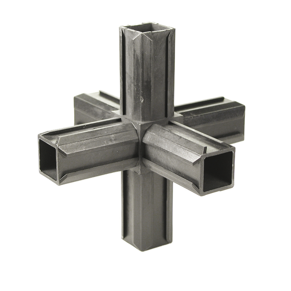 XD-Rohrverbinder Kreuzstück plus zwei rechtwinkelige Abgänge, Material: Polyamid 6, Farbe: schwarz, für Rohr: 20 x 20 x 1,5 mm