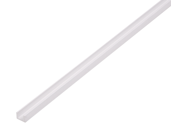 Profilo ad U, Materiale: PVC-U, colore bianco, larghezza: 8,7 mm, altezza: 6,2 mm, Spessore del materiale: 1,2 mm, larghezza netta: 6,3 mm, Lunghezza: 1000 mm