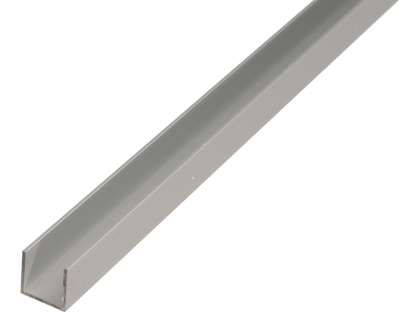 Perfil en U, Material: Aluminio, Superficie: anodizado plateado, Anchura: 20 mm, Altura: 8 mm, Espesura del material: 1 mm, Anchura de apertura: 18 mm, Longitud: 1000 mm