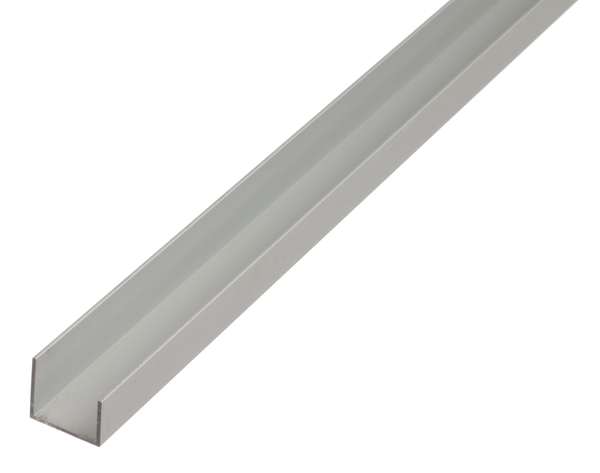 Profil U, materiał: aluminium, powierzchnia: anodowana srebrna, Wysokość: 20 mm, Szerokość: 22 mm, Grubość materiału: 1,5 mm, Wysokość w świetle: 15 mm, Wersja: nierównoramienna, Długość: 1000 mm