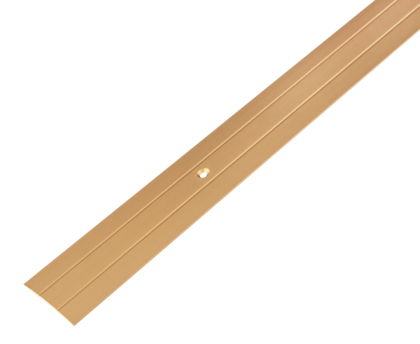 Übergangsprofil, Material: Aluminium, Oberfläche: goldfarbig eloxiert, mit versenkten Schraublöchern, Breite: 37,8 mm, Länge: 2000 mm, Höhe über Boden: 2,10 mm, Materialstärke: 1,60 mm