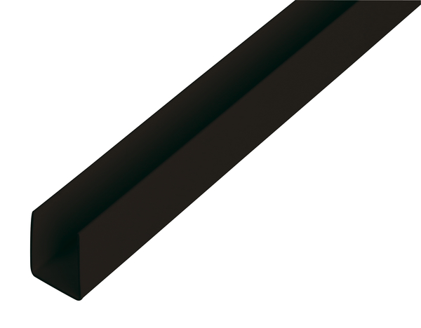Perfil en U, Material: PVC-U, color: negro, Anchura: 18 mm, Altura: 10 mm, Espesura del material: 1 mm, Anchura de apertura: 16 mm, Longitud: 1000 mm
