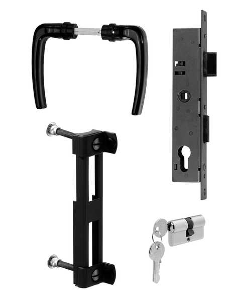 Accessory kit for aluminium single and double gates, Material: raw steel, Surface: galvanised, stop: black matt powder-coated, 15-year warranty against rusting through